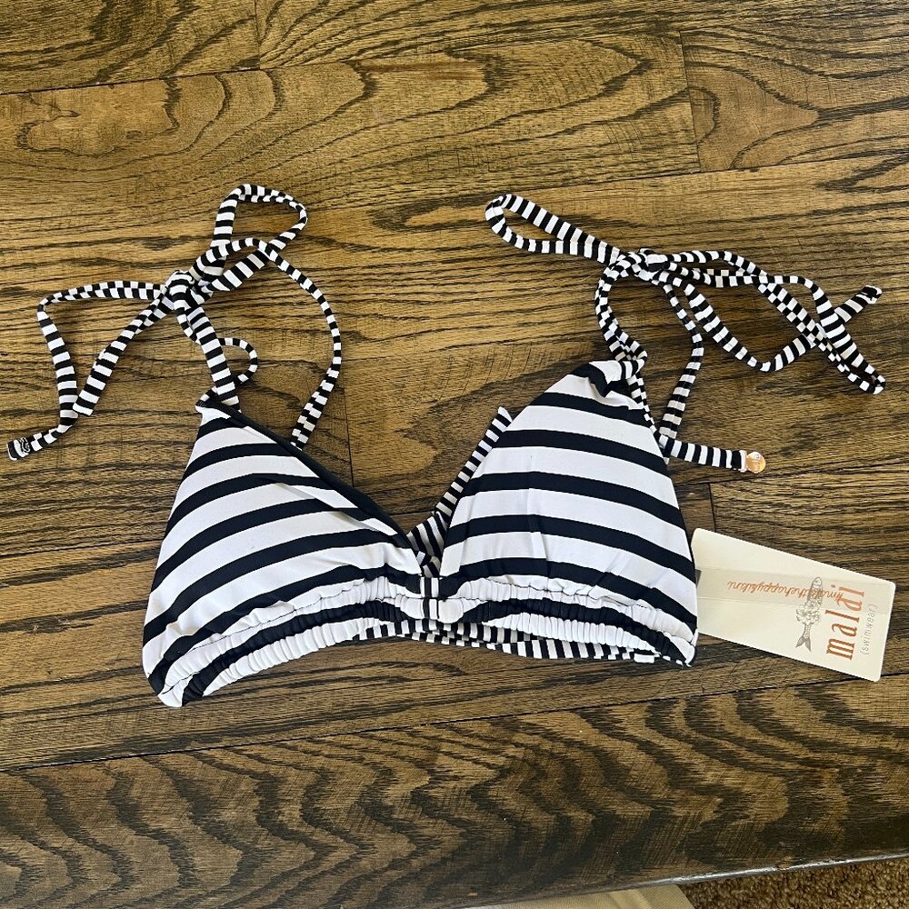 Malai Swimwear Bikini TOP ONLY  Black & White Stripe Triangle strappy Sz Sm NEW